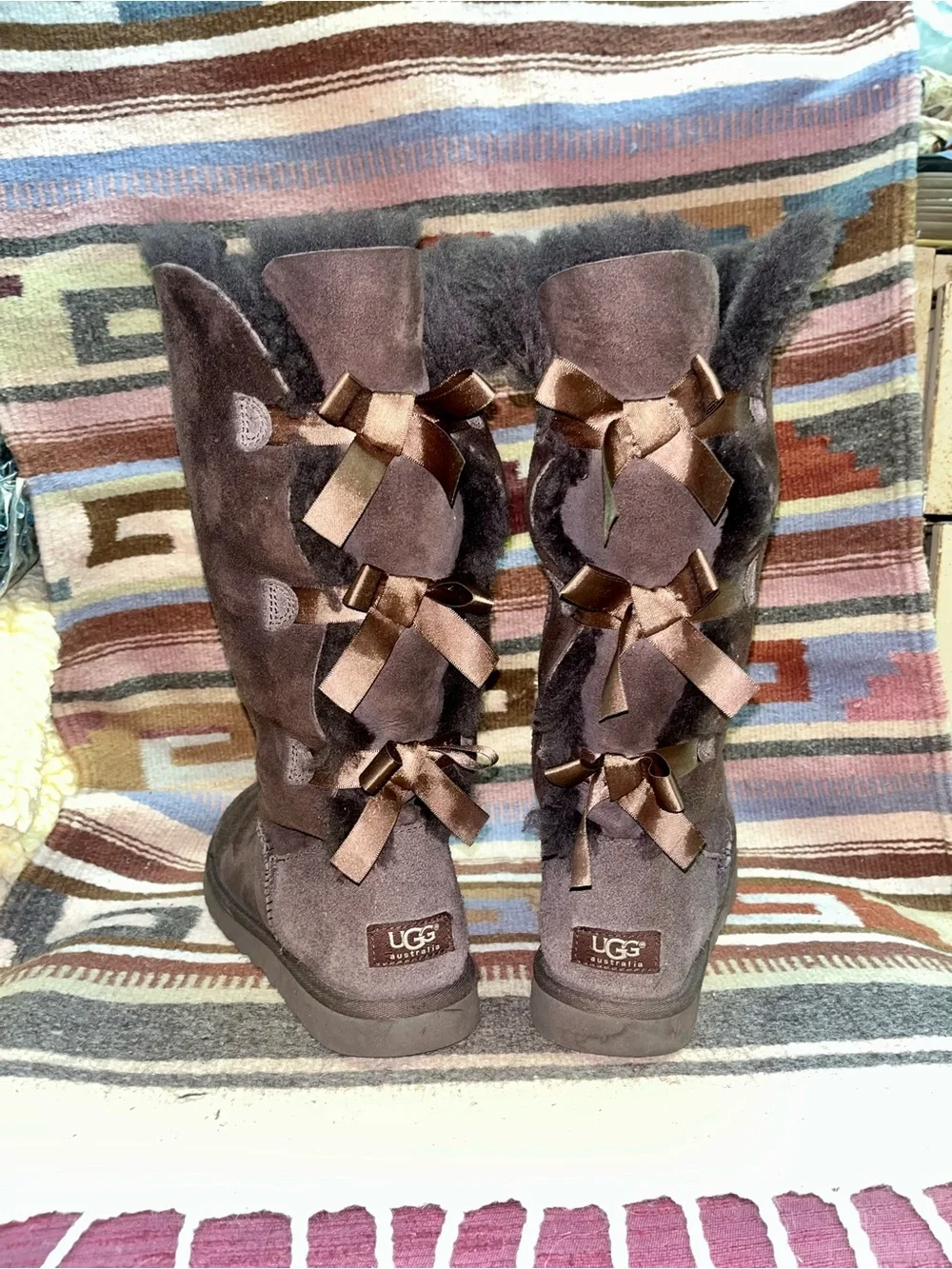 UGG Tall Suede Winter Boots in Dark Brown with Shearling Trim